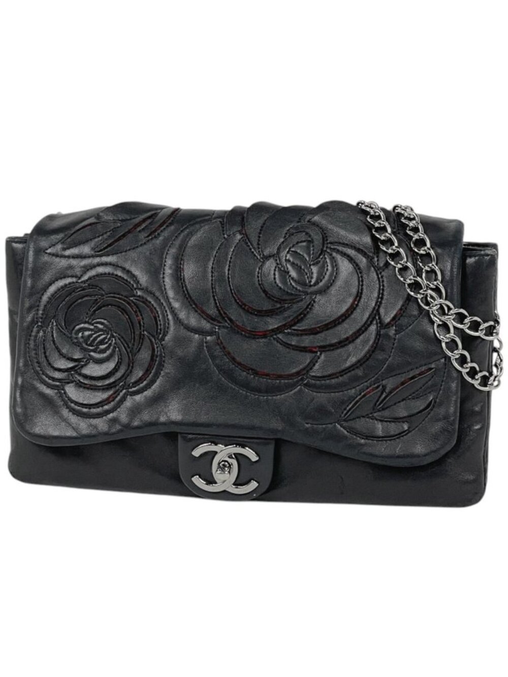 Chanel Shoulder Bag CC Logo Camellia Leather Black